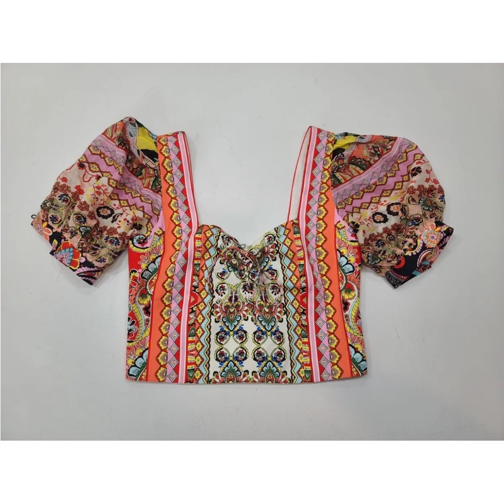 Alice + Olivia Margarite Tie Front Cropped Puff Sleeve Crop Top Size XS READ - Picture 1 of 9